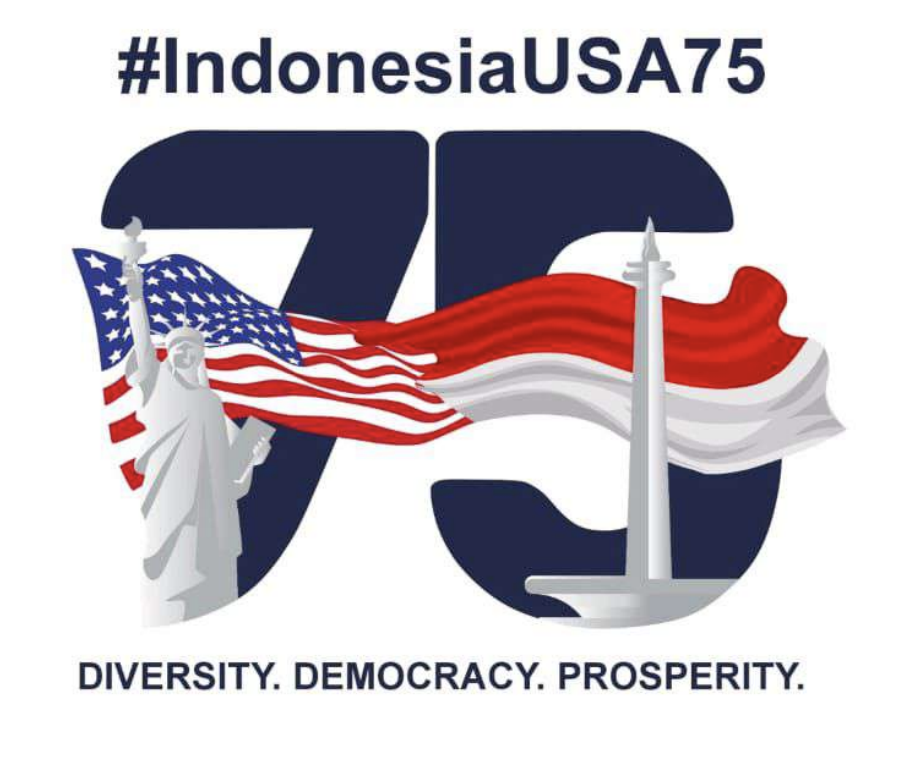 A graphic celebrating 75 years of Indonesia-USA relations, featuring the Statue of Liberty, flags, and the text "Diversity. Democracy. Prosperity."