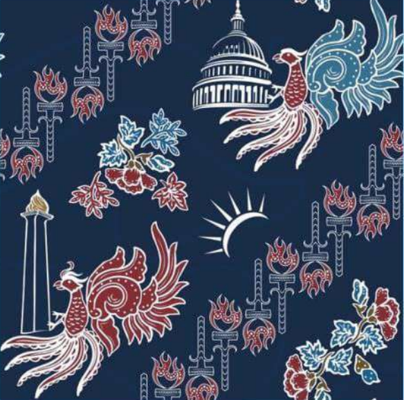 A decorative pattern featuring stylized birds, the U.S. Capitol, floral elements, and torches on a dark blue background.