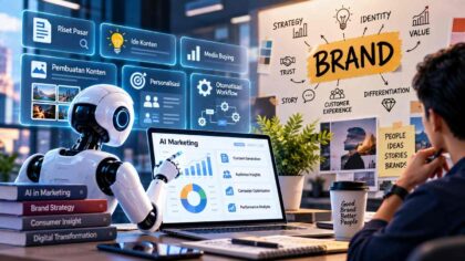 Ilustrasi AI marketing membantu riset, pembuatan konten, personalisasi, dan strategi brand