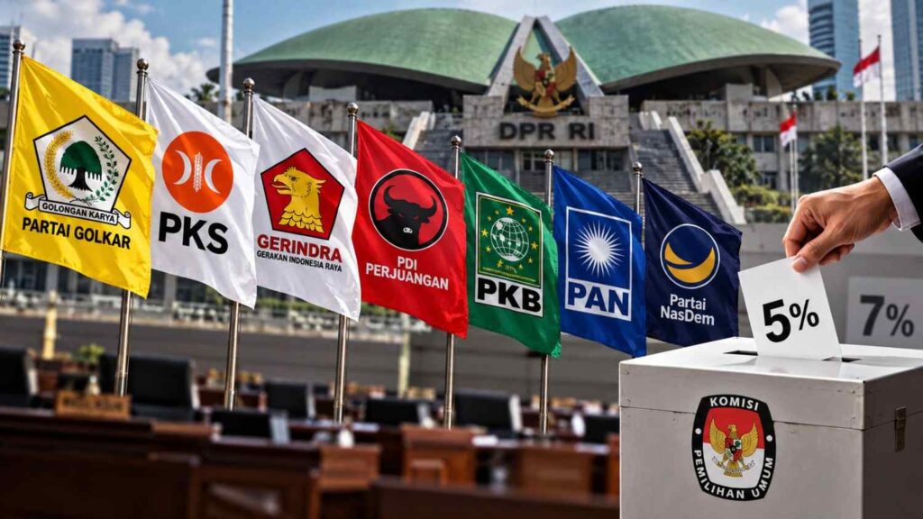 Ilustrasi ambang batas parlemen 5 persen dengan bendera partai politik dan Gedung DPR RI