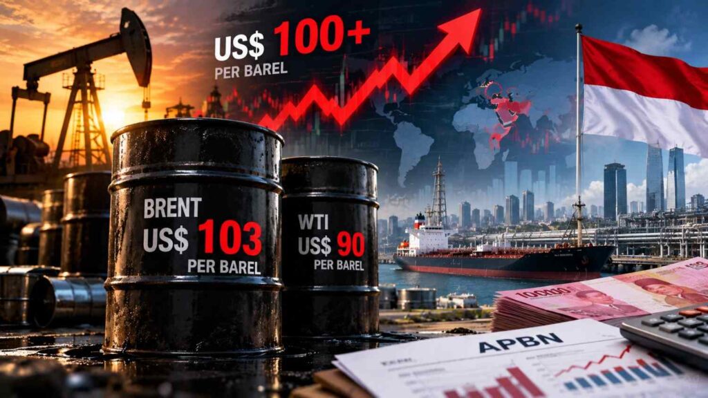 Ilustrasi kenaikan harga minyak dunia di atas US$100 per barel dengan latar fasilitas pengeboran minyak, grafik harga energi, bendera Indonesia, dan dokumen APBN yang menggambarkan tekanan terhadap ekonomi nasional.