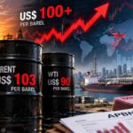 Ilustrasi kenaikan harga minyak dunia di atas US$100 per barel dengan latar fasilitas pengeboran minyak, grafik harga energi, bendera Indonesia, dan dokumen APBN yang menggambarkan tekanan terhadap ekonomi nasional.