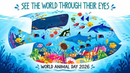 Ilustrasi Hari Hewan Sedunia 2026 bertema See the World Through Their Eyes