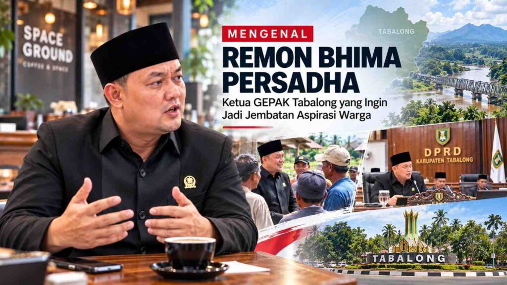 Remon Bhima Persadha, Ketua GEPAK Tabalong dan anggota DPRD Kabupaten Tabalong, dengan latar aktivitas masyarakat, legislatif, dan ikon Kabupaten Tabalong.
