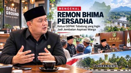 Remon Bhima Persadha, Ketua GEPAK Tabalong dan anggota DPRD Kabupaten Tabalong, dengan latar aktivitas masyarakat, legislatif, dan ikon Kabupaten Tabalong.