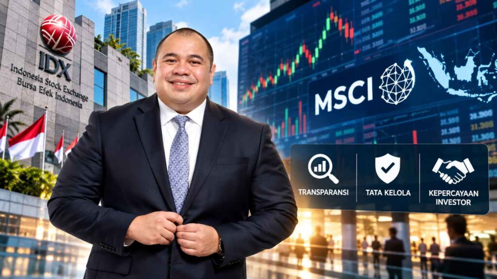 Chief Investment Officer (CIO) Danantara Indonesia, Pandu Patria Sjahrir, dengan latar ilustrasi Bursa Efek Indonesia (BEI), grafik perdagangan saham, dan MSCI terkait transparansi pasar modal serta kepercayaan investor.