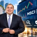 Chief Investment Officer (CIO) Danantara Indonesia, Pandu Patria Sjahrir, dengan latar ilustrasi Bursa Efek Indonesia (BEI), grafik perdagangan saham, dan MSCI terkait transparansi pasar modal serta kepercayaan investor.