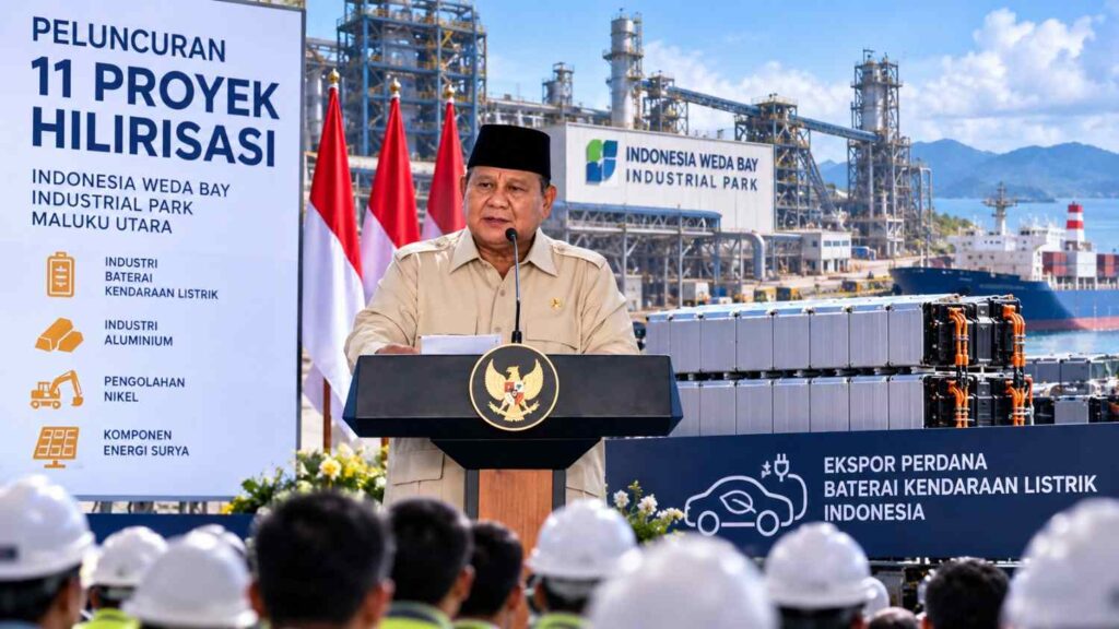 Ilustrasi Presiden Prabowo Subianto menyampaikan sambutan saat peluncuran 11 proyek hilirisasi baterai kendaraan listrik, aluminium, dan pengolahan nikel di kawasan Indonesia Weda Bay Industrial Park, Maluku Utara.