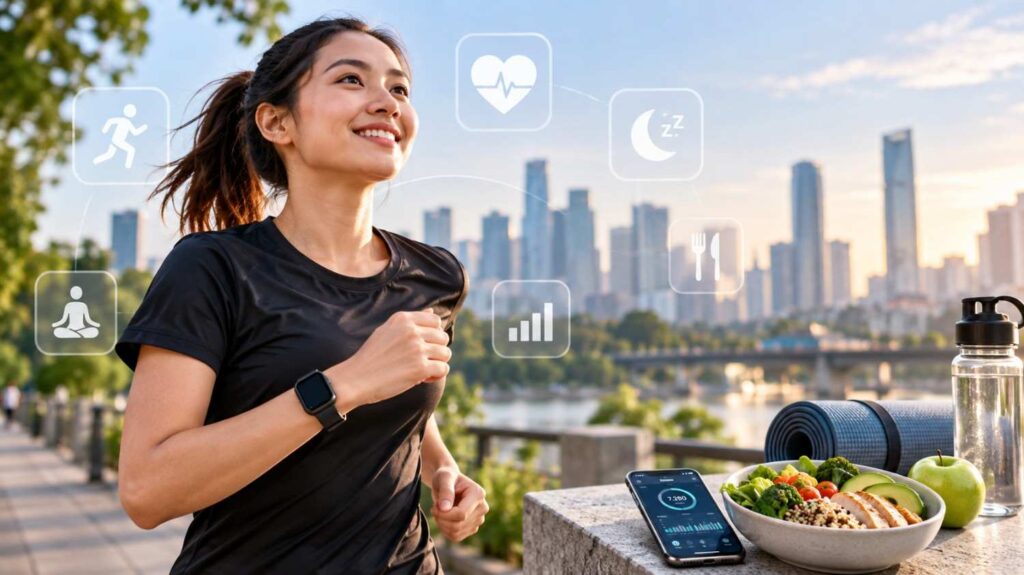 Perempuan berolahraga menggunakan smartwatch dengan dukungan aplikasi kesehatan dan pola makan sehat sebagai ilustrasi tren lifestyle 2026.