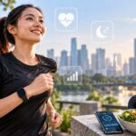 Perempuan berolahraga menggunakan smartwatch dengan dukungan aplikasi kesehatan dan pola makan sehat sebagai ilustrasi tren lifestyle 2026.