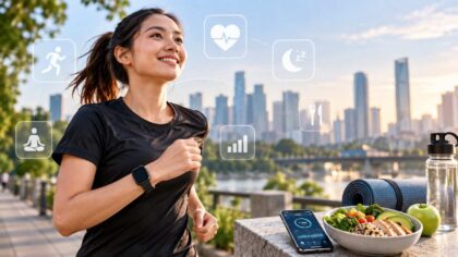 Perempuan berolahraga menggunakan smartwatch dengan dukungan aplikasi kesehatan dan pola makan sehat sebagai ilustrasi tren lifestyle 2026.